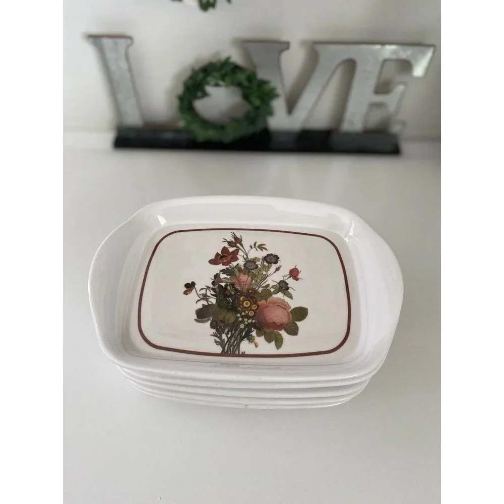 Vintage Set of Five 5 Mini Trays Or Plates Flowered Ceramic Glass  7